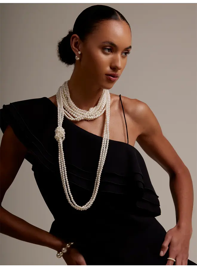 Long Layered Side Knot Pearl Necklace