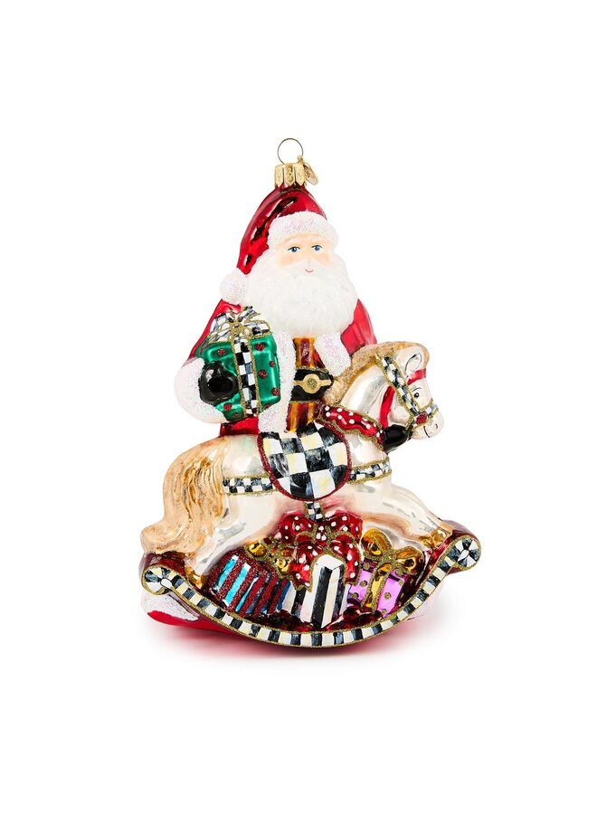 Santa with Rocking Horse Glass Ornament