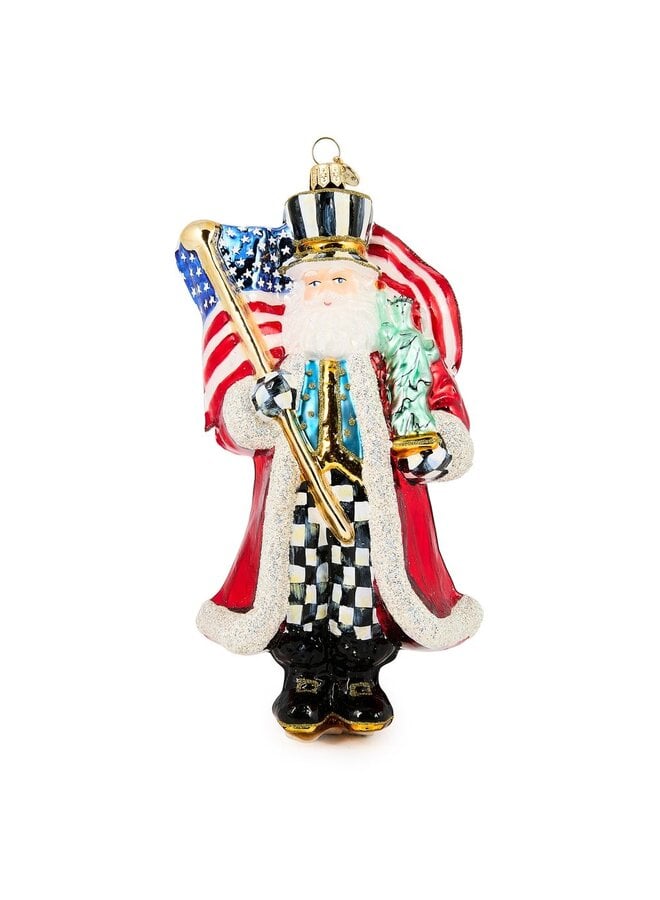 Santa with Flag Glass Ornament