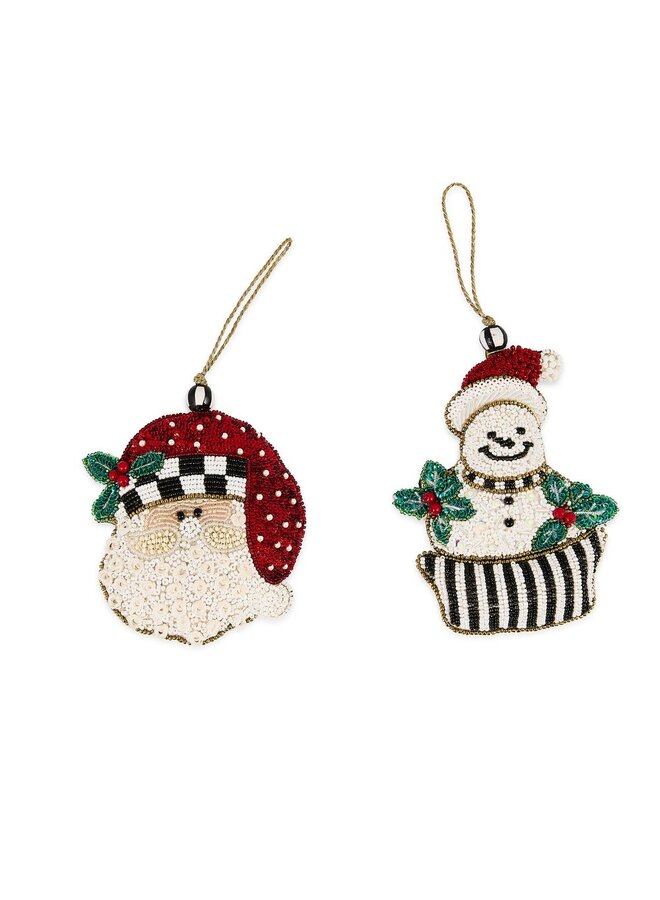 Holiday Beaded Santa & Snowman Ornaments, Set of 2