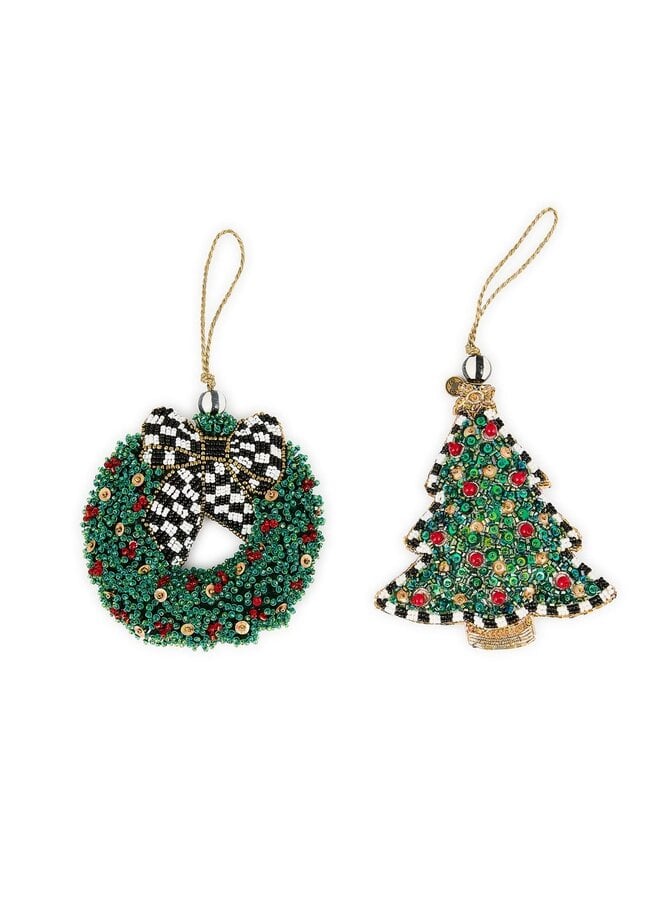 Holiday Beaded Wreath & Tree Ornaments, Set of 2