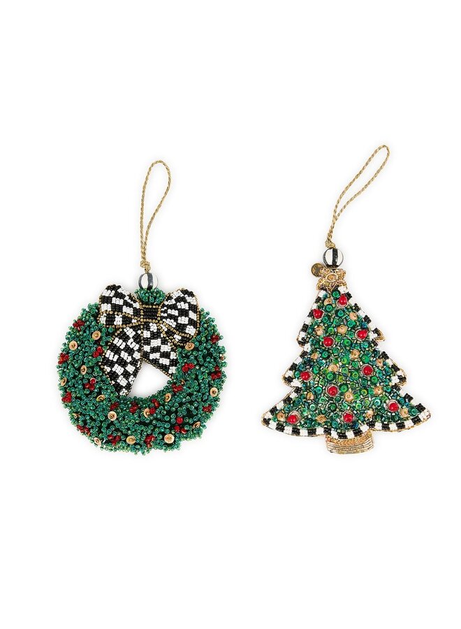 Holiday Beaded Wreath & Tree Ornaments, Set of 2