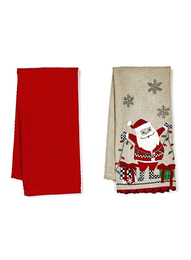 Santa with Tree Lights Embroidered Dish Towels, Set of 2