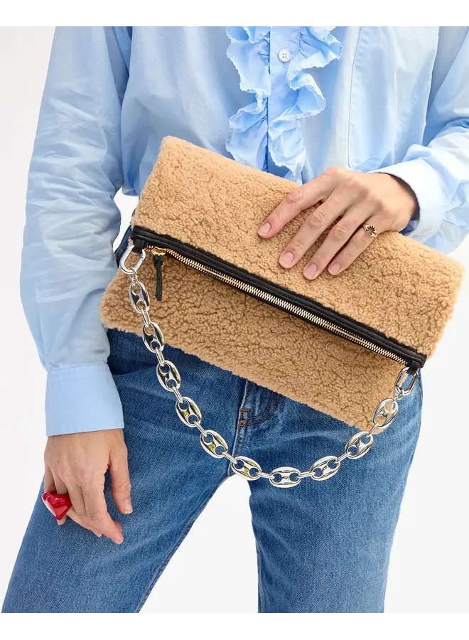 Foldover Clutch with Tabs - Shearling - Cafe Au Lait