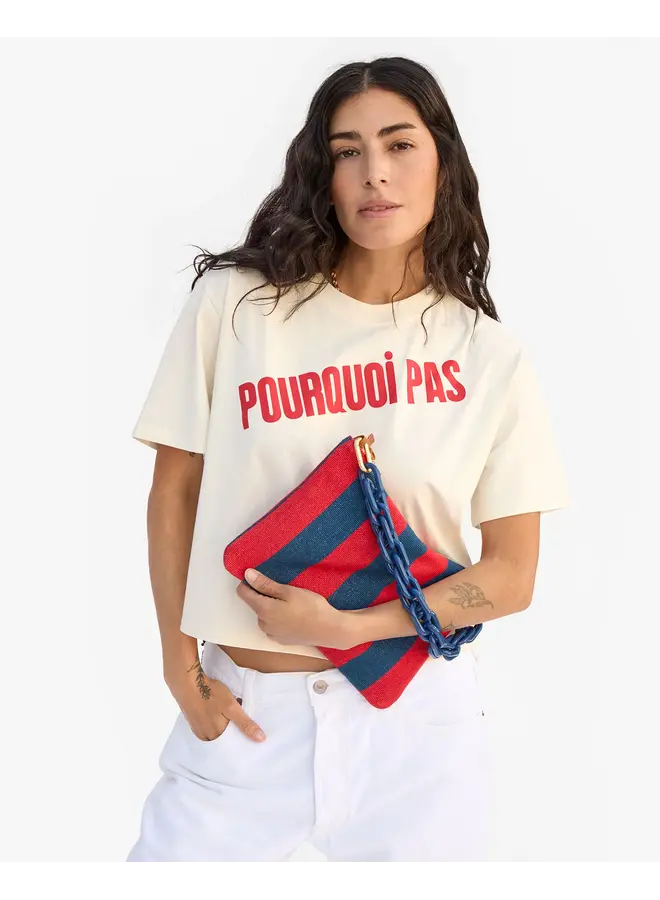 Flat Clutch w/ Tabs - Canvas Stripe - Poppy/French Blue