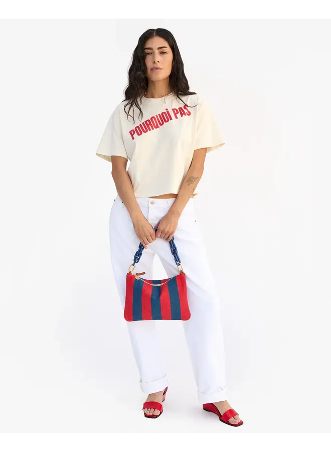 Flat Clutch w/ Tabs - Canvas Stripe - Poppy/French Blue