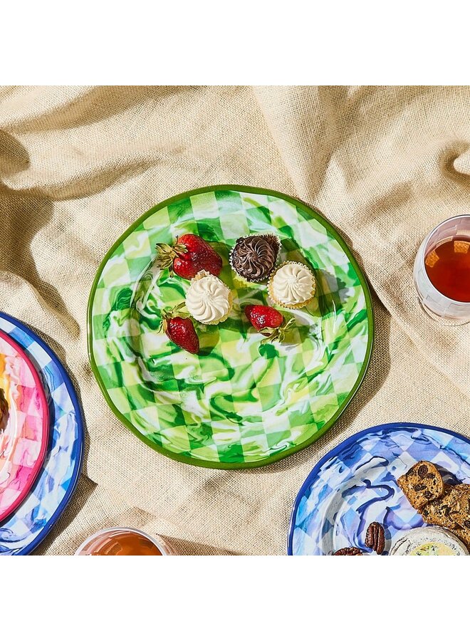 Green Marble Check Melamine Dinner Plates, Set of 4