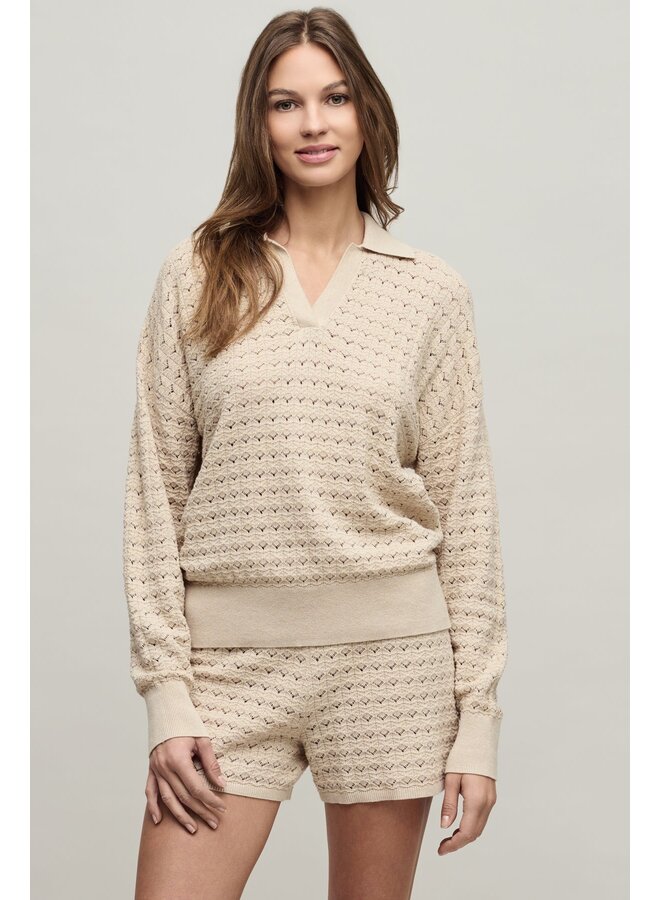 Heathered Cotton Tulip Pointelle Collared Pullover -