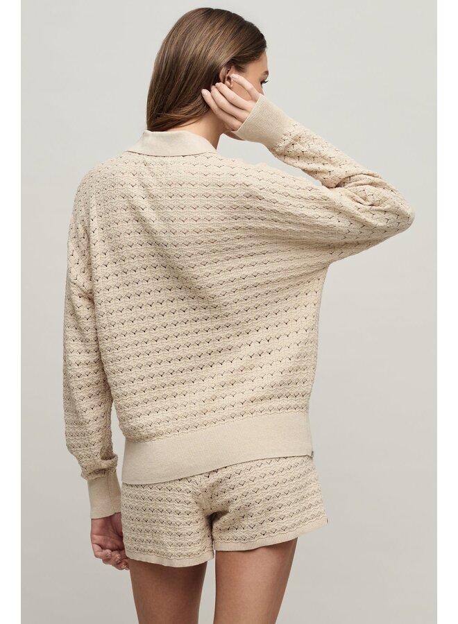 Heathered Cotton Tulip Pointelle Collared Pullover -