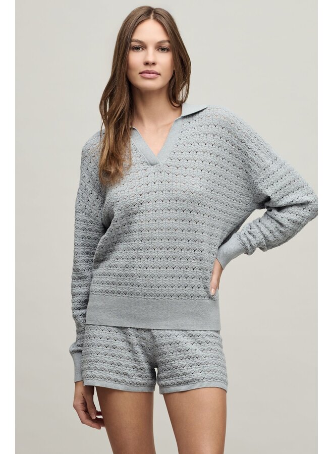 Heathered Cotton Tulip Pointelle Collared Pullover -