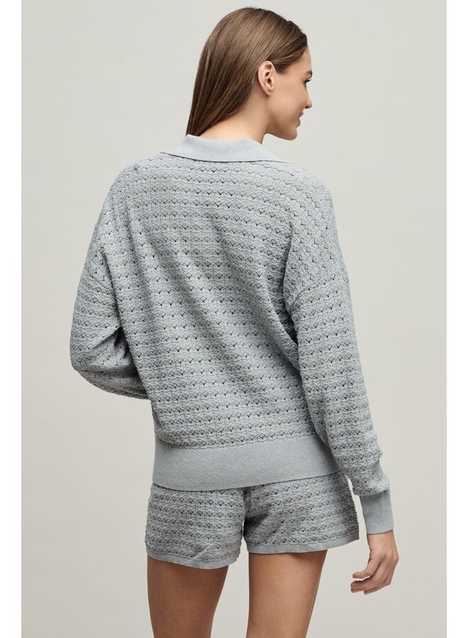 Heathered Cotton Tulip Pointelle Collared Pullover -