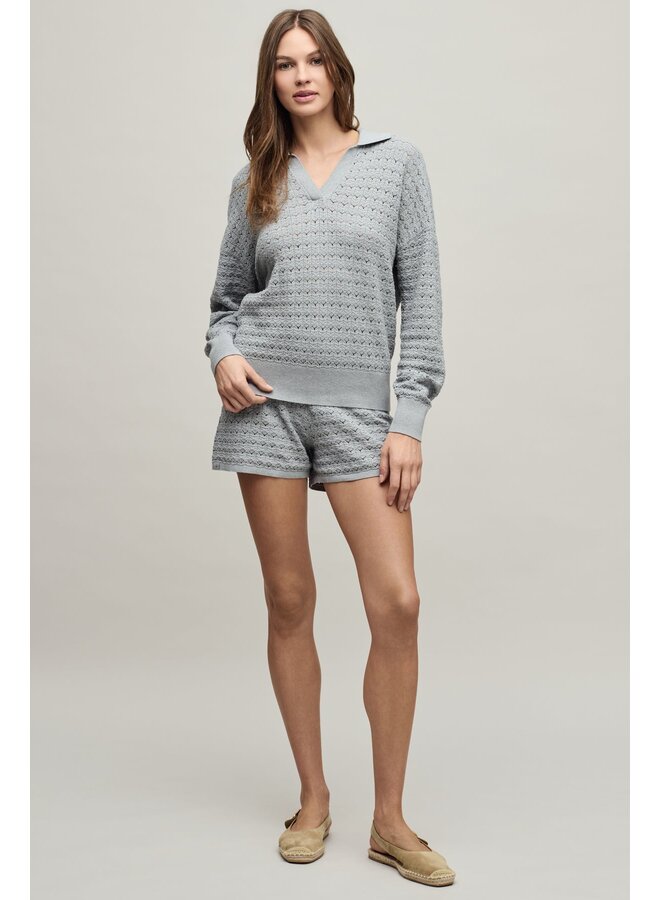 Heathered Cotton Tulip Pointelle Collared Pullover -