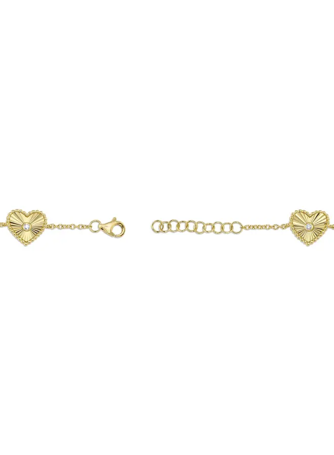 14K Yellow Gold Diamond Bezel Ribbed Heart Bracelet (.10ct)