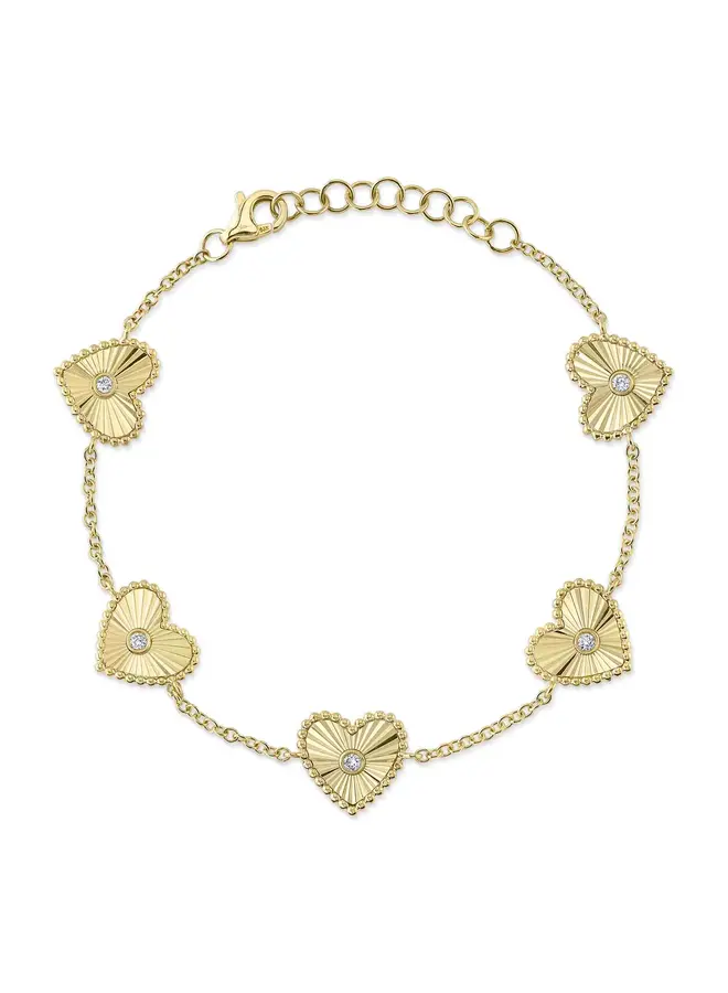 14K Yellow Gold Diamond Bezel Ribbed Heart Bracelet (.10ct)