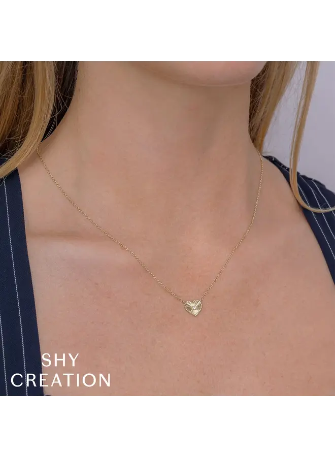 14K YG/Diamond Bezel Ribbed Heart Necklace (.02ct)
