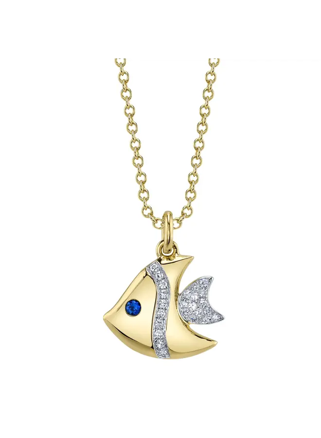 14K YG/Diamond/Sapphire Fish Necklace (.05ct/.02ct)
