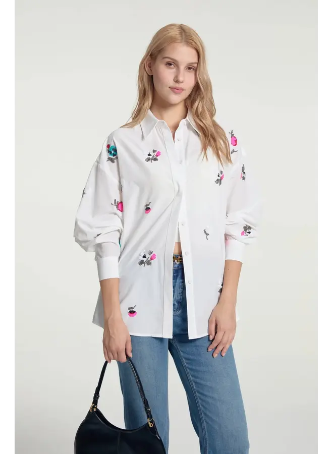 Oversized Embroidered Button-Down Ivory Bloom