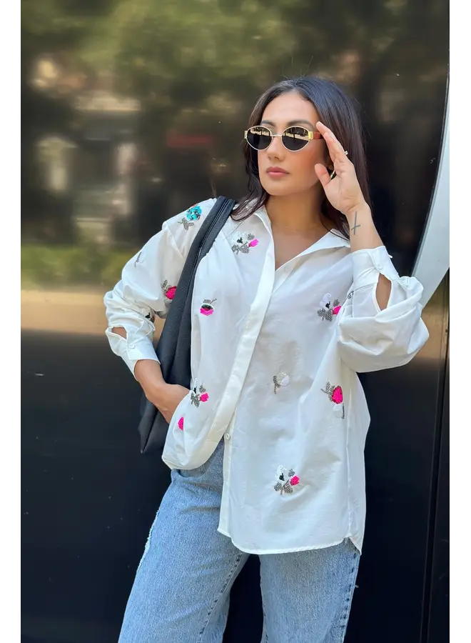 Oversized Embroidered Button-Down Ivory Bloom