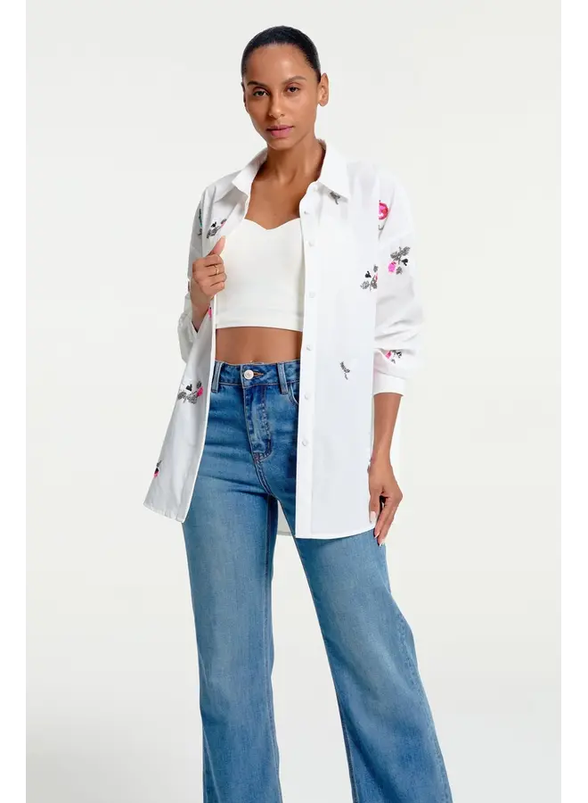 Oversized Embroidered Button-Down Ivory Bloom