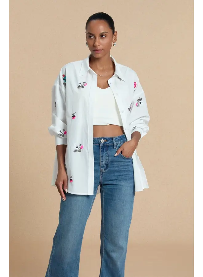 Oversized Embroidered Button-Down Ivory Bloom