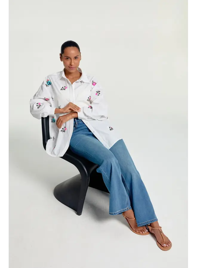 Oversized Embroidered Button-Down Ivory Bloom