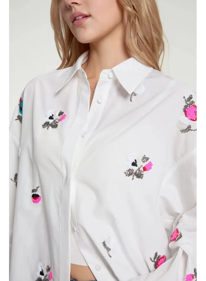Oversized Embroidered Button-Down Ivory Bloom