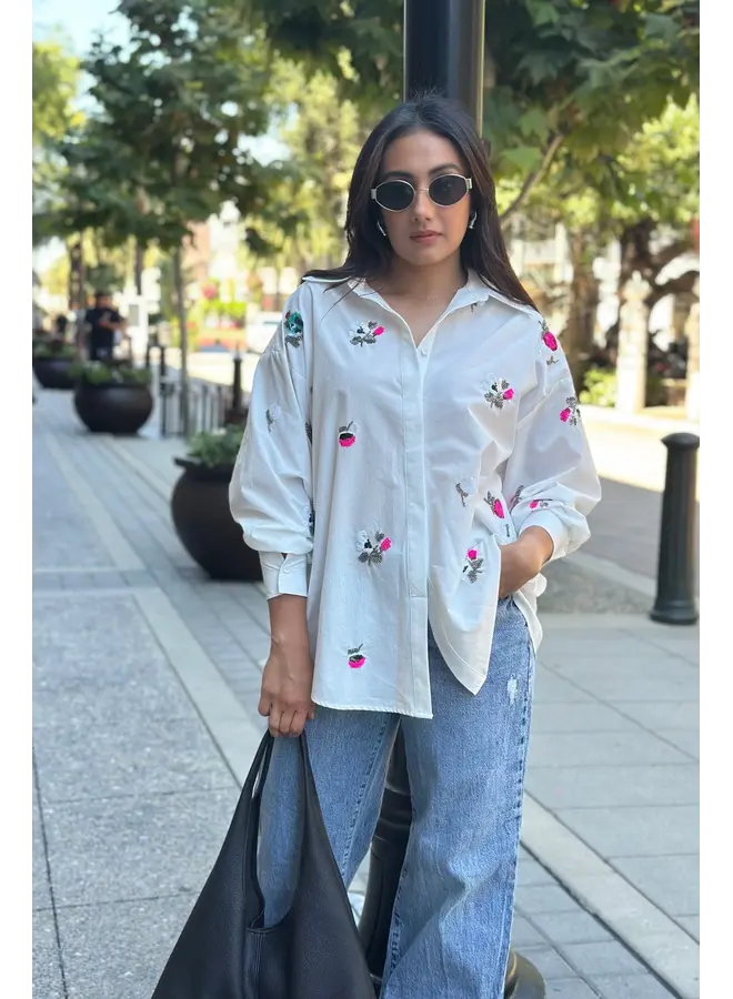 Oversized Embroidered Button-Down Ivory Bloom