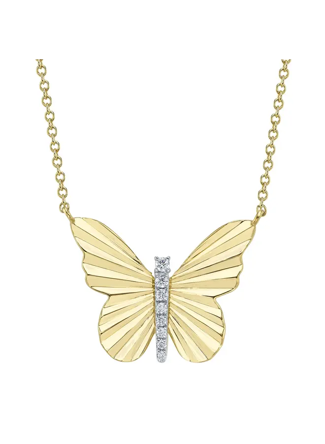 14K Y/G Diamond Ribbed Butterfly Necklace (0.06ct)