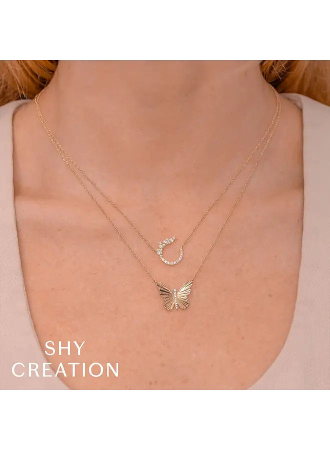 14K Y/G Diamond Ribbed Butterfly Necklace (0.06ct)