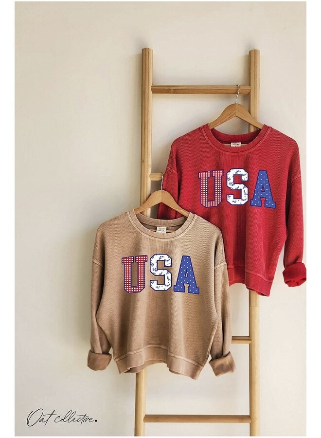 USA With Pattern Cropped Thermal Vintage Pullover