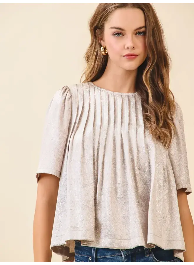 Pleated Detail Metallic Top-