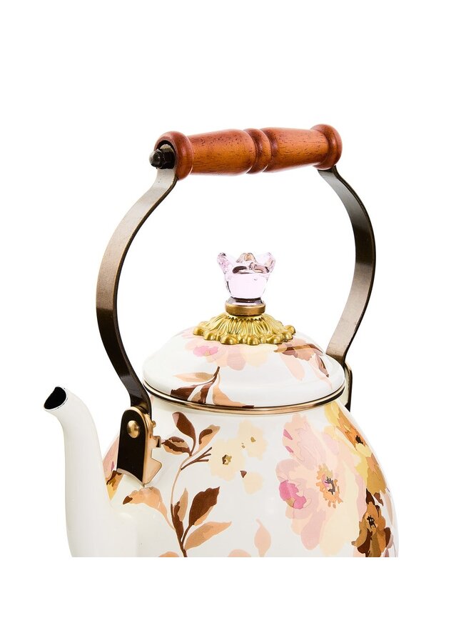 Wild Rose White 2 Quart Tea Kettle