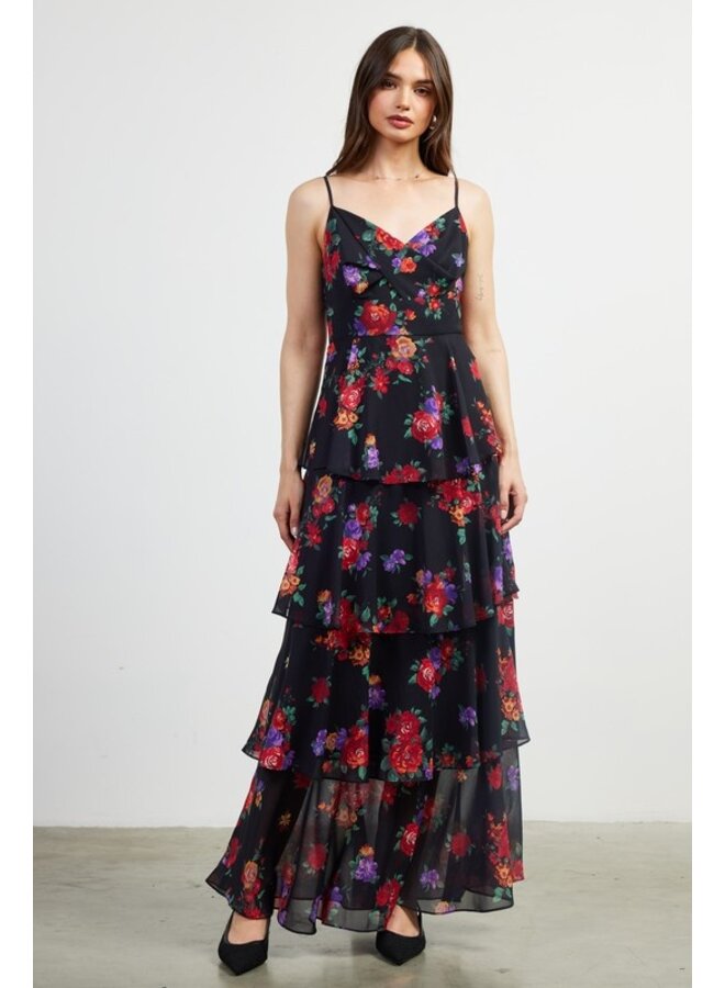 Floral Print Tiered Maxi Dress- Black-Multi