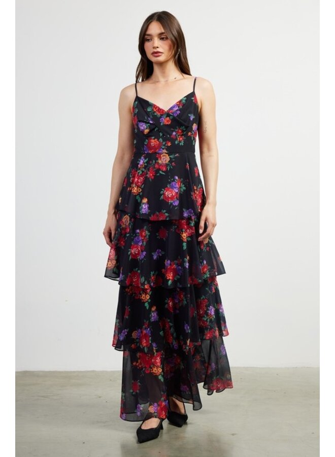 Floral Print Tiered Maxi Dress- Black-Multi