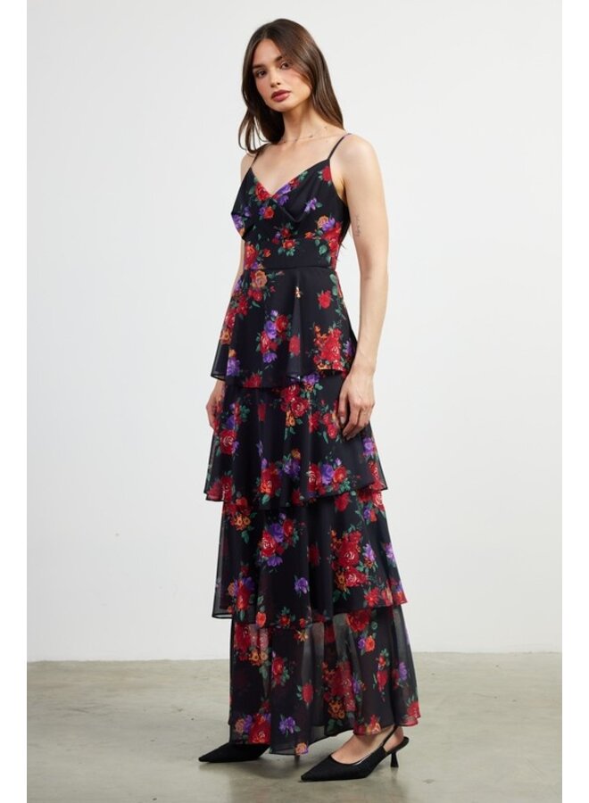 Floral Print Tiered Maxi Dress- Black-Multi