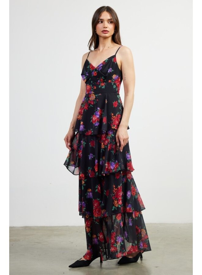Floral Print Tiered Maxi Dress- Black-Multi