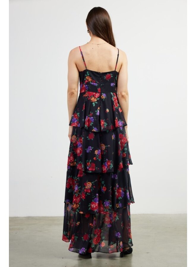 Floral Print Tiered Maxi Dress- Black-Multi