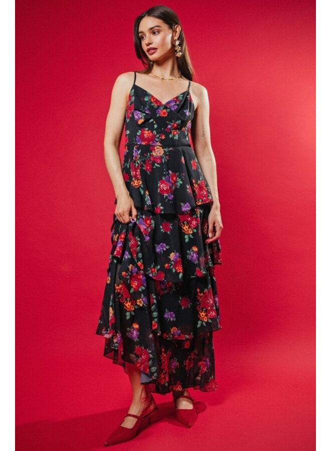 Floral Print Tiered Maxi Dress- Black-Multi