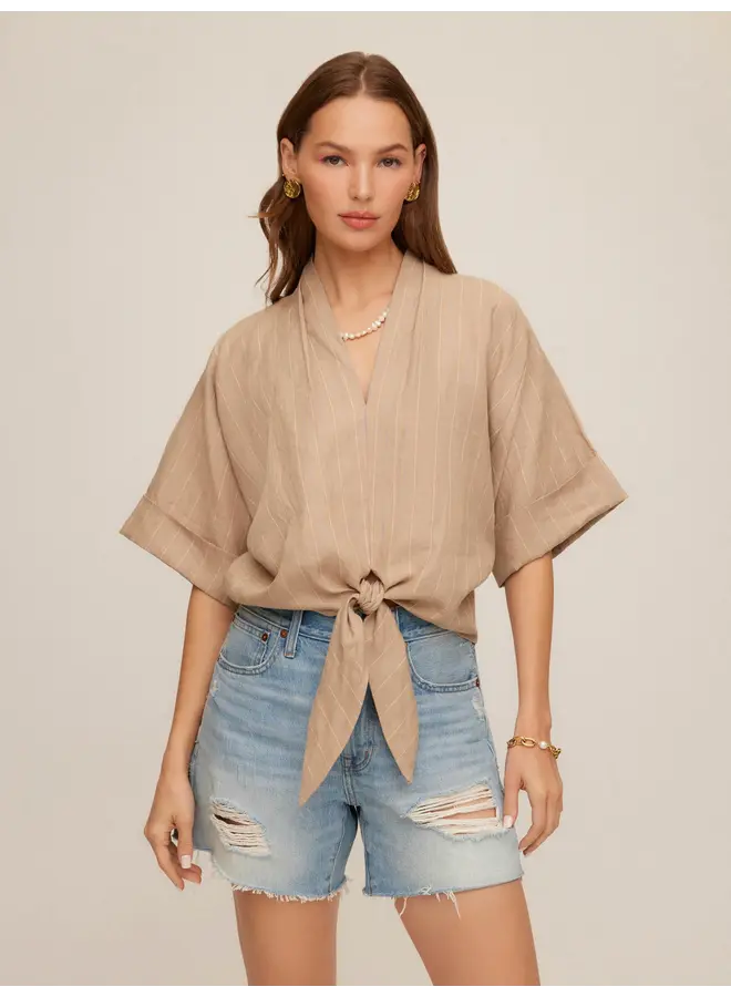 Janice Cuffed Slv Tie Front Top