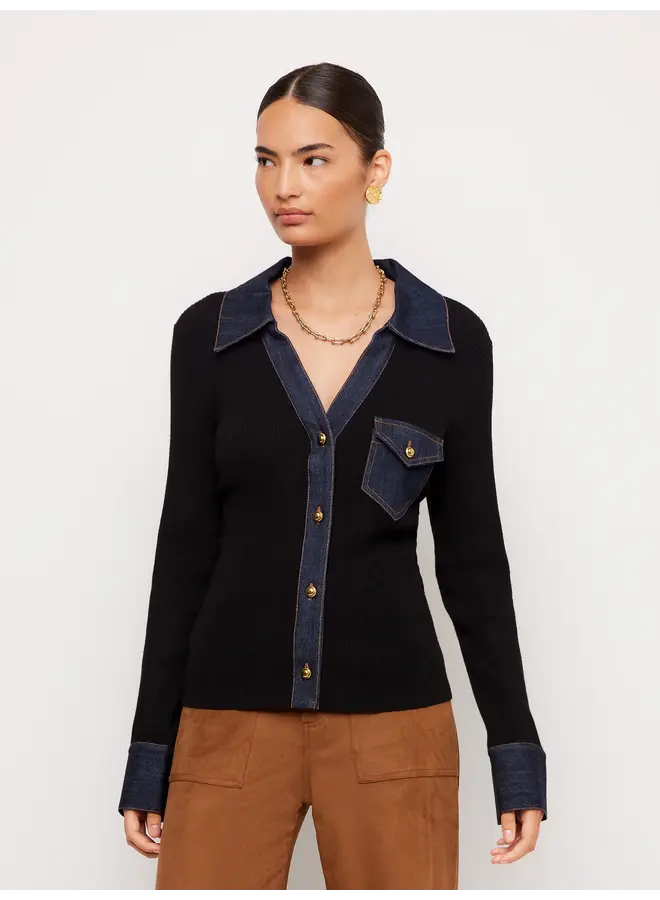 Denim Sweater Button Up Top-