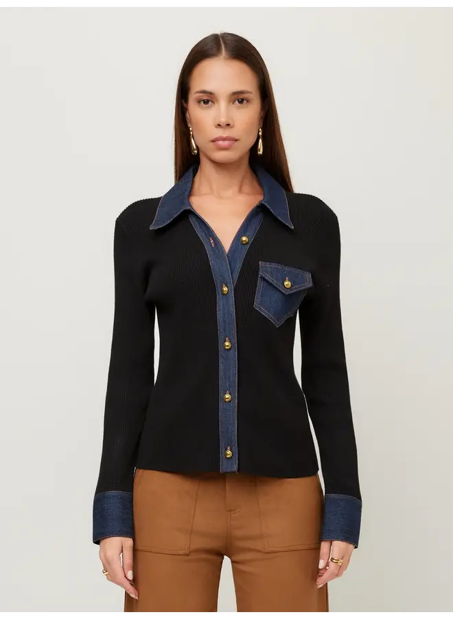 Denim Sweater Button Up Top-