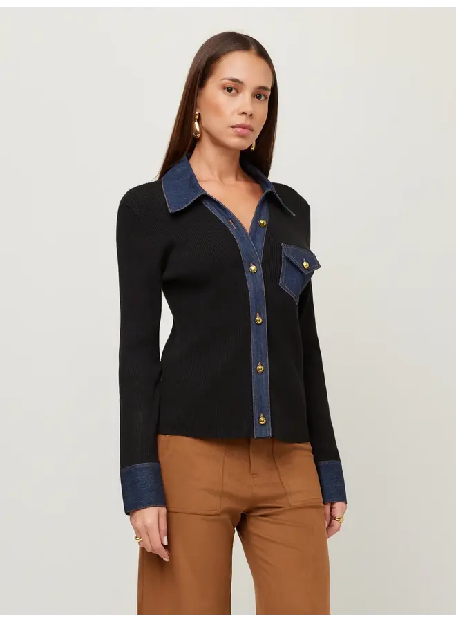 Denim Sweater Button Up Top-