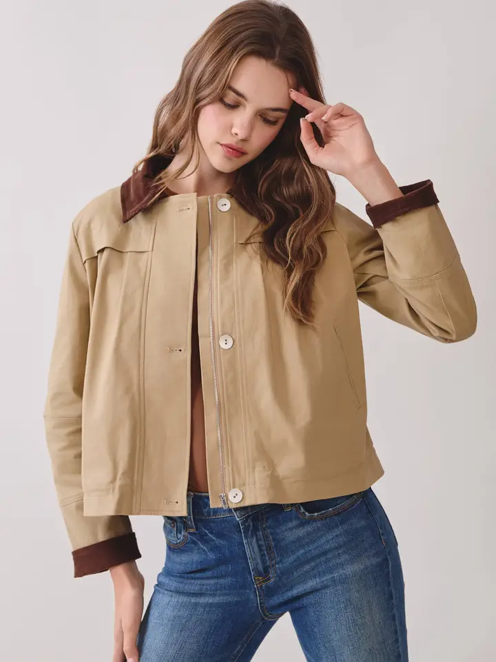 Zip Up Front Cropped Jacket- - ivory & birch
