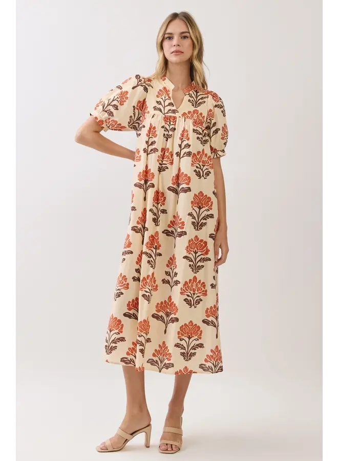 Botanical Babydoll Midi Dress-