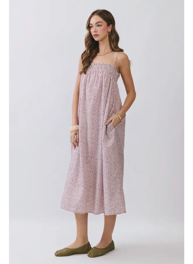 Smocked Neckline Midi Dress-