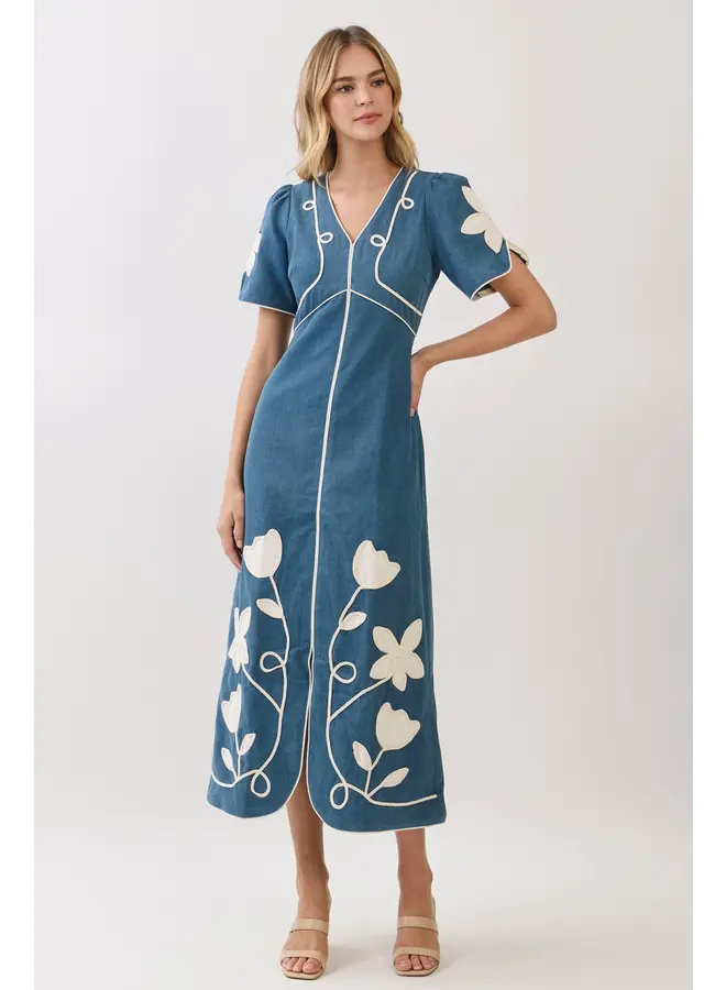 Floral Contrast Trim Midi Dress-