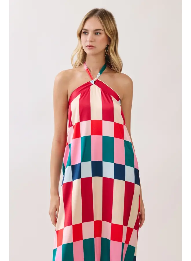 Colorblock Check Halter Maxi Dress-