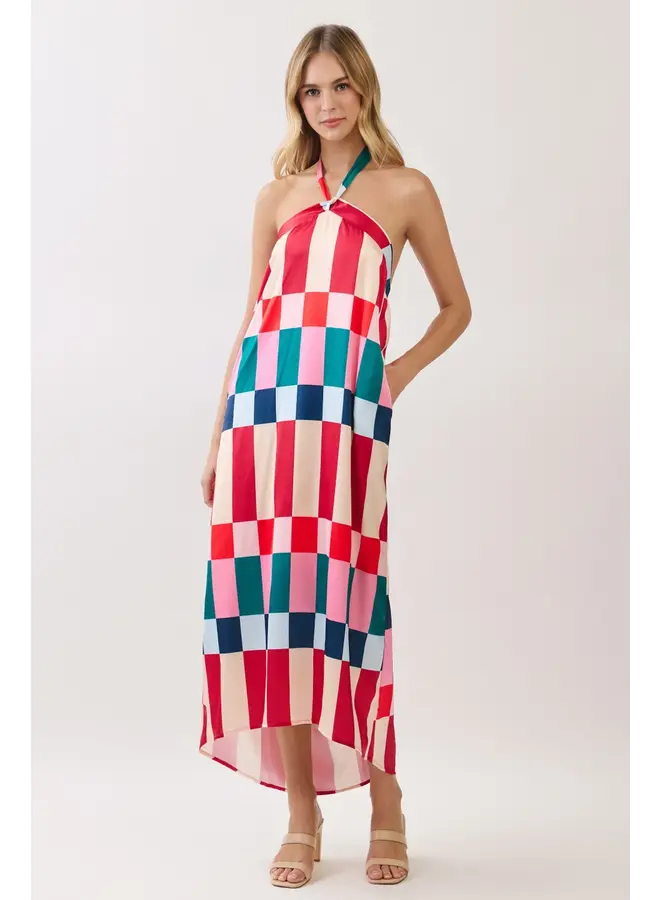 Colorblock Check Halter Maxi Dress-