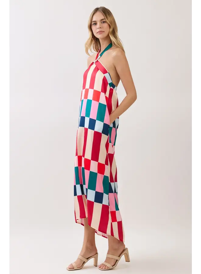 Colorblock Check Halter Maxi Dress-