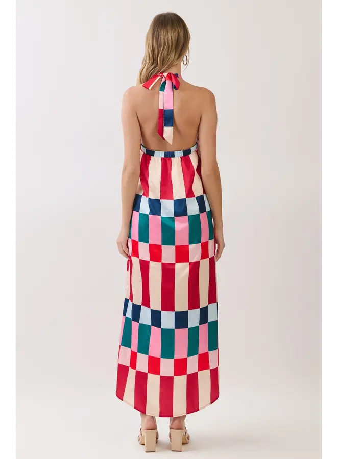 Colorblock Check Halter Maxi Dress-